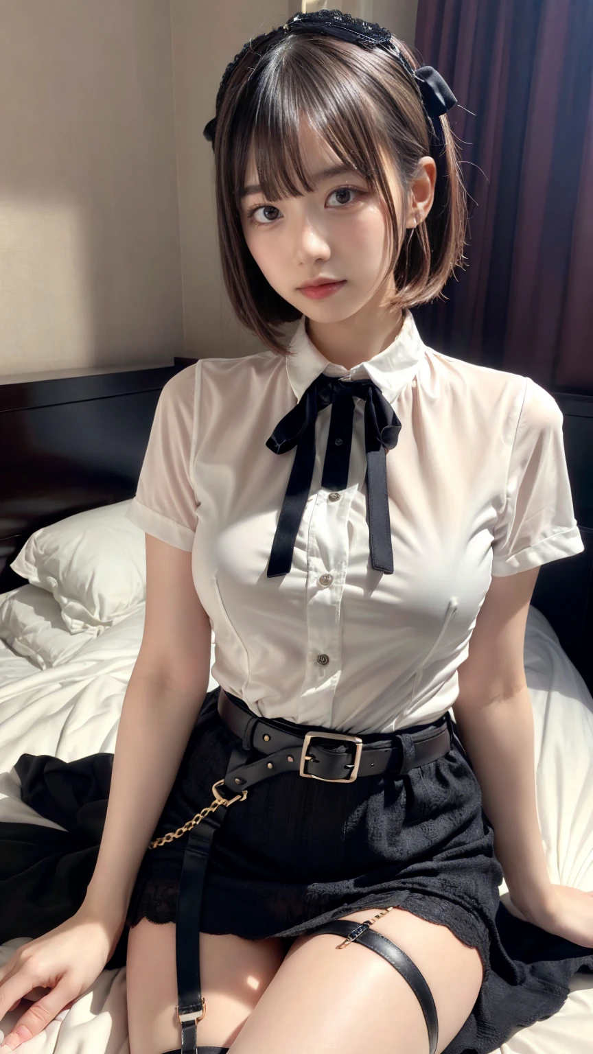 masterpiece, best quality, illustration, Super detailed, fine details, High resolution, 8K,wall paper, perfect dynamic composition,(Details High quality, realistic depiction of eyes:1.3), (Fashionable, a belt black suspenders, Aside Cutter Shirt, a miniskirt, garterbelts), short bob hair, large breasts, black hair color, Big Natural Color Lip, (perfect body shape), crying a little、cold gaze, Harajuku style、20 year old girl、cute type、ta、beautiful legs, hotel room, Gravure Idol, (woman on top, straddling, sitting)