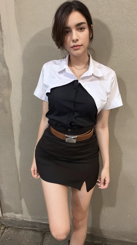 girl, white_shirt, short sleeve, black_skirt, shirt_hide_in, brown_belt