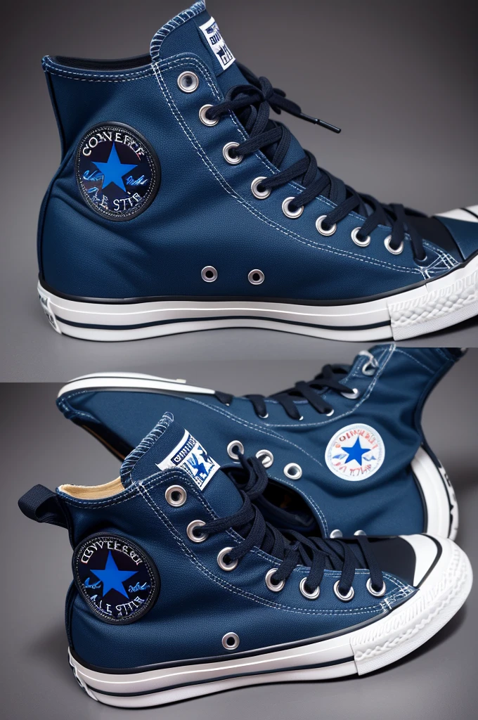 make me a pair of dark blue and black Converse All Star high top sneakers, with a small silver seahorse next to the Converse symbol
