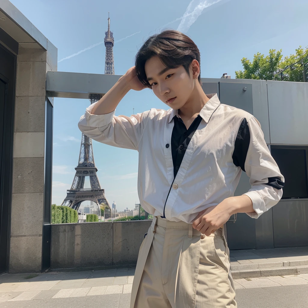 Kpop idol young man 25 years old korean dancing in front of paris tower ,