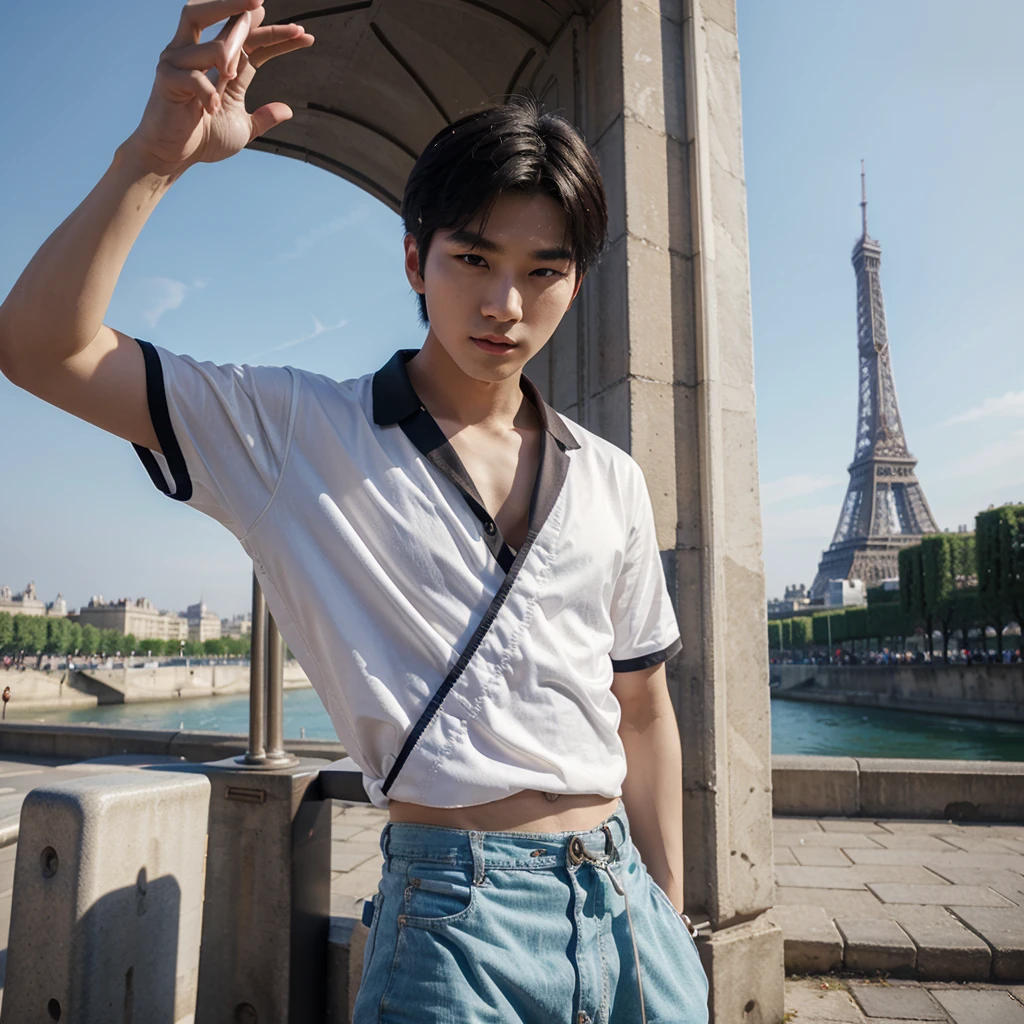 Kpop idol young man 25 years old korean dancing in front of paris tower ,
