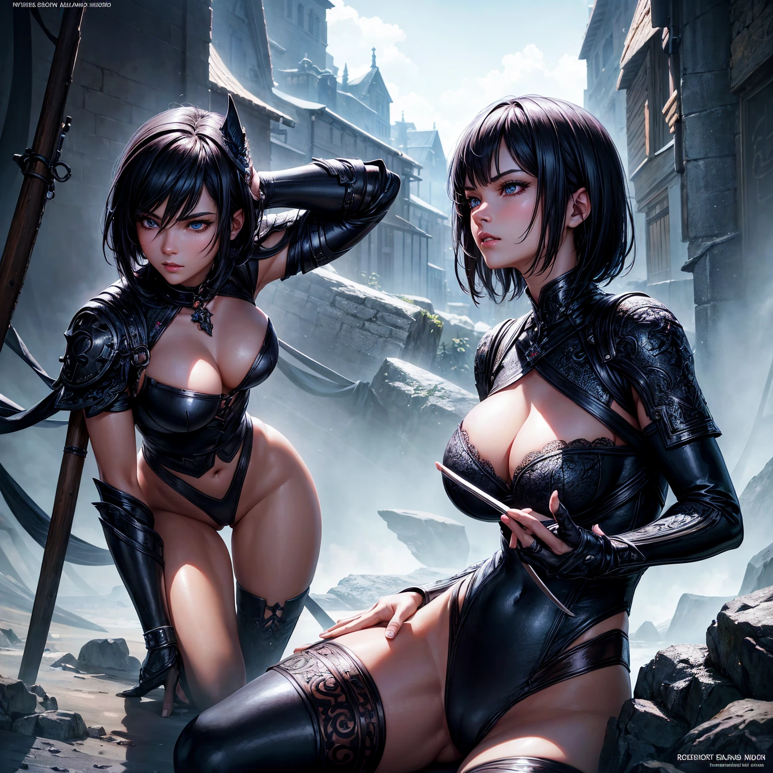 a woman, 1girl, short bob black hair, small breasts, blue sky eyes!!!, fait skin, blank face, sexy tight black ninja outfit, bare arm, bare leg, night, medieval japanese town, very sexy body, detailed face, beautiful detailed eyes, beautiful detailed lips, extremely detailed eyes and face, long eyelashes, detailed clothing, intricate details, highly detailed, photo realistic, 8k, best quality, masterpiece, cinematic lighting, dramatic lighting, vibrant colors, fantasy, digital art, concept art