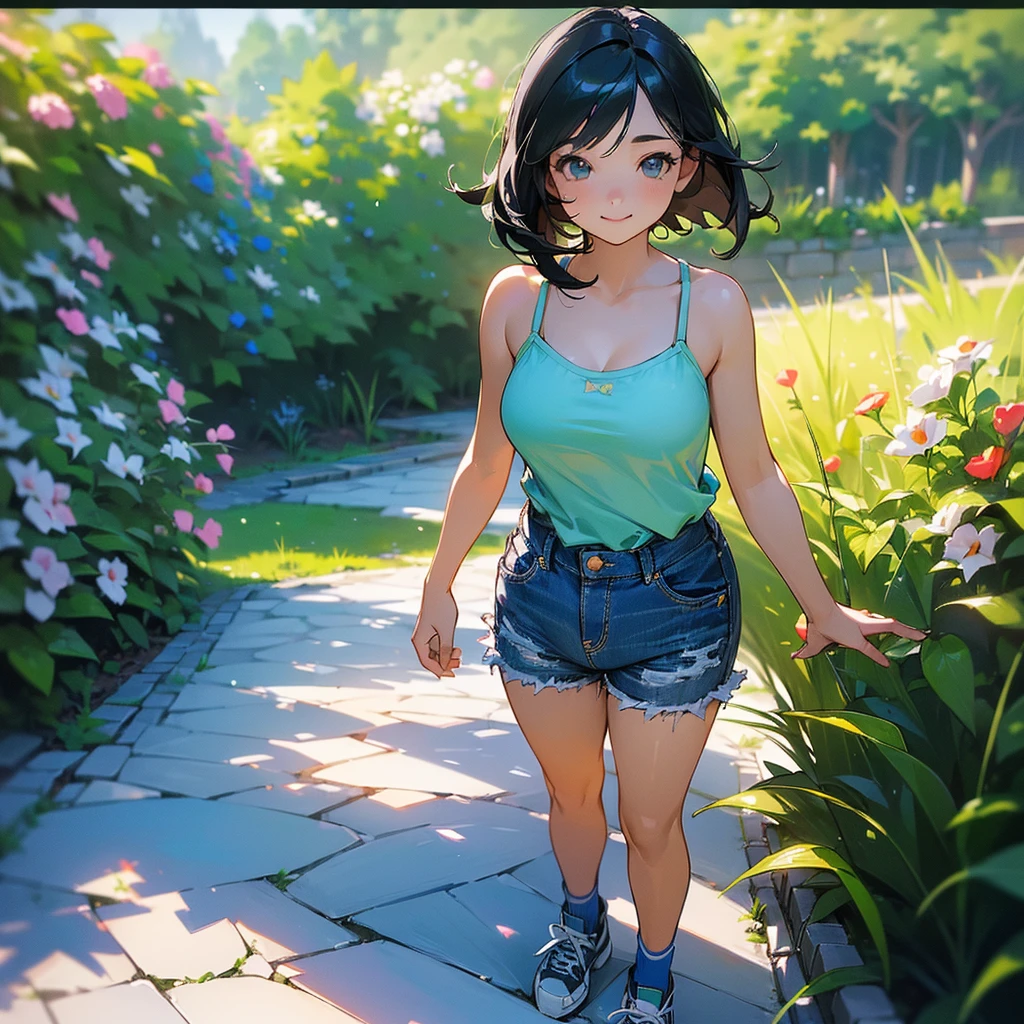 (high quality, High resolution, Very detailed, reality:1.37), Peaceful atmosphere, (Outdoor, garden), Teenage girl standing alone, (my breasts are big.), Beautiful details, Cute Smile, (Black bob hair), camisole, Denim shorts, Blue socks, sneakers.