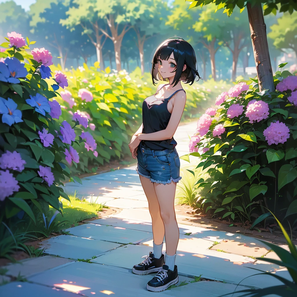 (high quality, High resolution, Very detailed, reality:1.37), Peaceful atmosphere, (Outdoor, garden), age girl standing alone, (my breasts are big.), Beautiful details, Cute Smile, (Black bob hair), camisole, Denim shorts, Blue socks, sneakers.