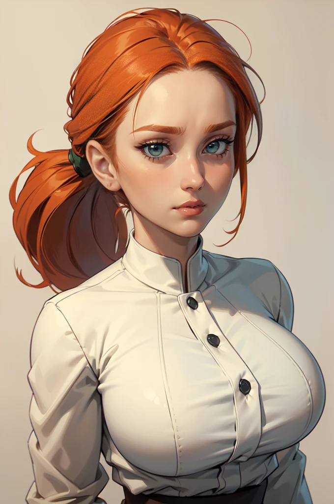 (masterpiece), best quality, expressive eyes, perfect face, ginger hair, (parted bangs) , forehead, (low ponytail), ((blank background)), symmetry, medium body, mature face, (30 years old), (massive breast), green coat, (full head framing), 1girl, solo, white shirt, defined jawline, female muscular:1