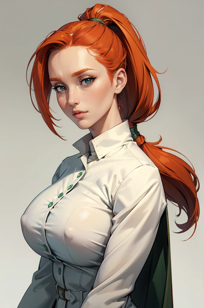 (masterpiece), best quality, expressive eyes, perfect face, ginger hair, (parted bangs) , forehead, (low ponytail), ((blank background)), symmetry, medium body, mature face, (30 years old), (massive breast), green coat, (full head framing), 1girl, solo, white shirt, defined jawline, female muscular:1