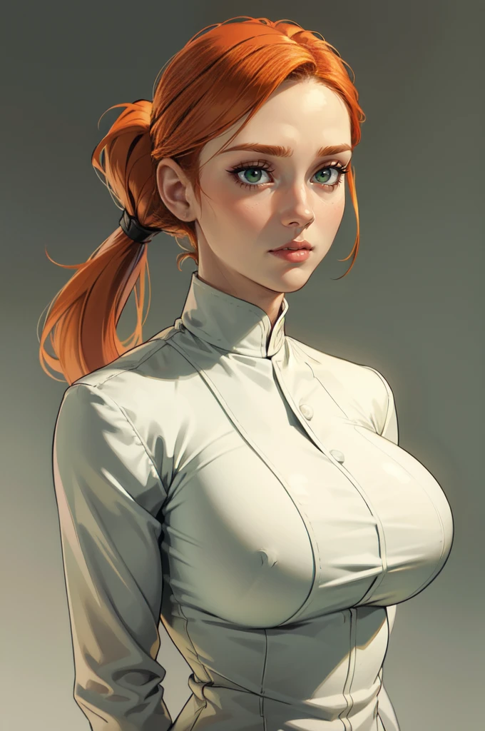 (masterpiece), best quality, expressive eyes, perfect face, ginger hair, (parted bangs) , forehead, (low ponytail), ((blank background)), symmetry, medium body, mature face, (30 years old), (massive breast), green coat, (full head framing), 1girl, solo, white shirt, defined jawline, female muscular:1