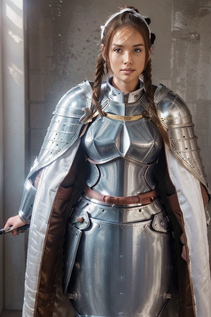 asuna, asuna_(Star), (1 girl,Alone) ,Fancy, high resolution, the 19, Original, (wear in a waist holster:1.3), SMILE, (white knight wizard long cape:1.5), short hair, medium breasts, looking at the viewer, hits ,detailed hazel brown eyes, beautiful background, ((morning sun,Western style private room.)), Hands on the chest,(Brown hair,short ponytail:1.5), (platinum knight mage full armor:1.55),short hair, standing,straight, abec,(whole body:1.1), white thighs,(abec:1.4),