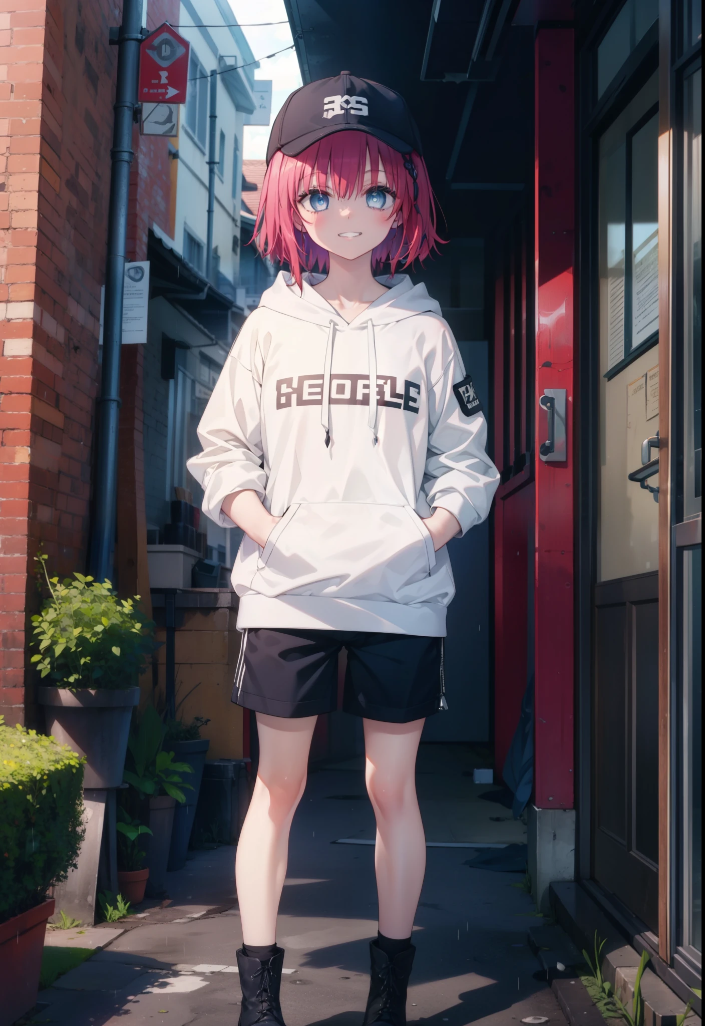 (masterpiece, Highest quality:1.2),shape,8K,High resolution,mea kurosaki,Mea Kurosaki,Redhead,Long Hair,Purple eyes,1 Girl,Baseball hats,Oversized black hoodie,Black shorts,short boots,Grin,smile,Both hands are in the pockets of the hoodie,graffiti,Hiding in a roofed building,Standing leaning against a wall,rain,night,cloudy,whole bodyがイラストに入るように,
break looking at viewer,whole body,
break outdoors, Alley,
break (masterpiece:1.2), Highest quality, High resolution, ユニティ 8K 壁紙, (shape:0.8), (Beautiful and beautiful eyes:1.6), Highly detailed face, Perfect lighting, Highly detailed CG, (Perfect hands, Perfect Anatomy),