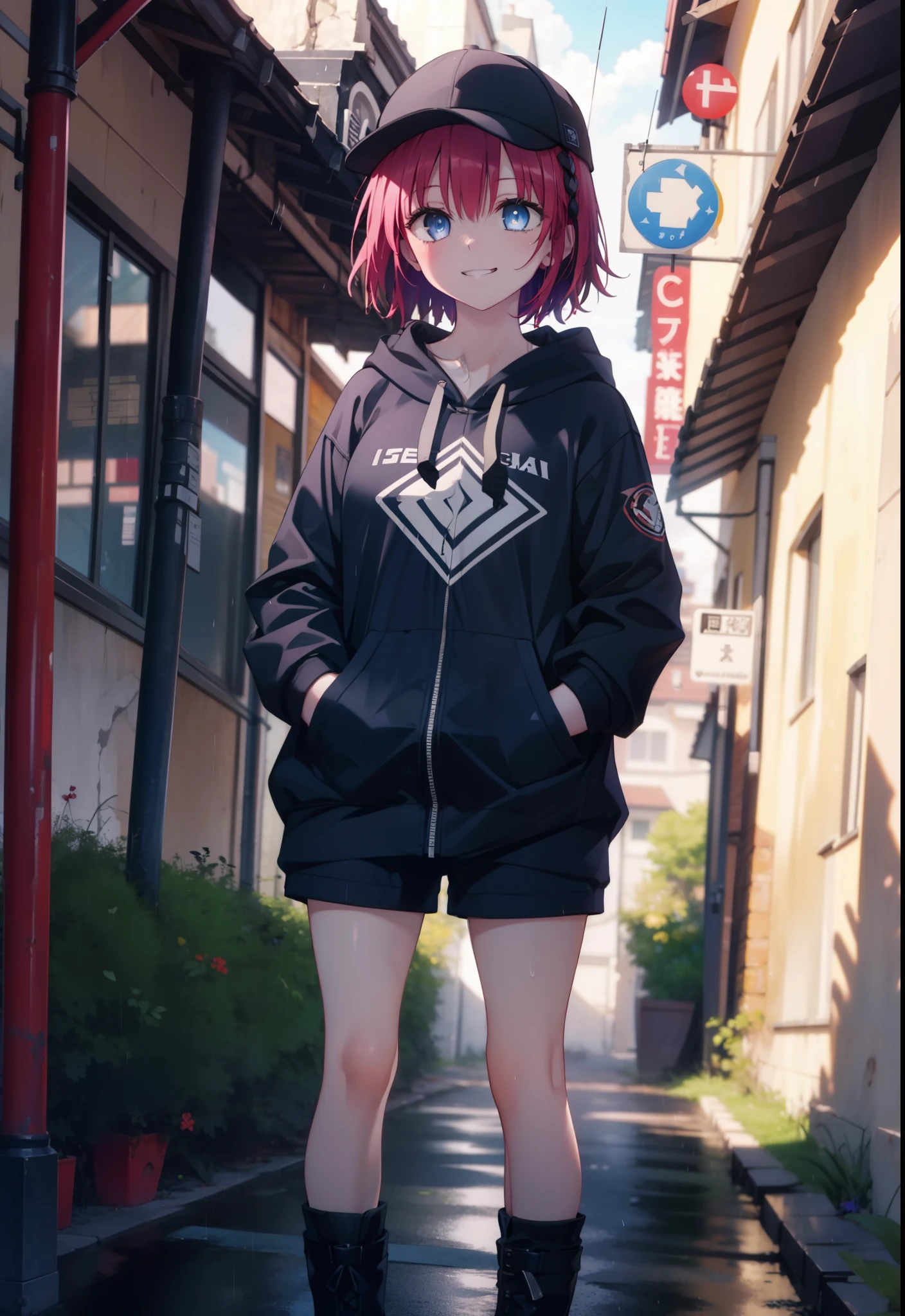 (masterpiece, Highest quality:1.2),shape,8K,High resolution,mea kurosaki,Mea Kurosaki,Redhead,Long Hair,Purple eyes,1 Girl,Baseball hats,Oversized black hoodie,Black shorts,short boots,Grin,smile,Both hands are in the pockets of the hoodie,graffiti,Hiding in a roofed building,Standing leaning against a wall,rain,night,cloudy,whole bodyがイラストに入るように,
break looking at viewer,whole body,
break outdoors, Alley,
break (masterpiece:1.2), Highest quality, High resolution, ユニティ 8K 壁紙, (shape:0.8), (Beautiful and beautiful eyes:1.6), Highly detailed face, Perfect lighting, Highly detailed CG, (Perfect hands, Perfect Anatomy),