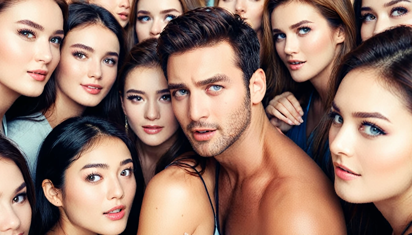 Photograph of shy and embarrassed man among many beautiful women trying to touch him. High quality image, excellent definition and details in the characters' gaze and eyes.