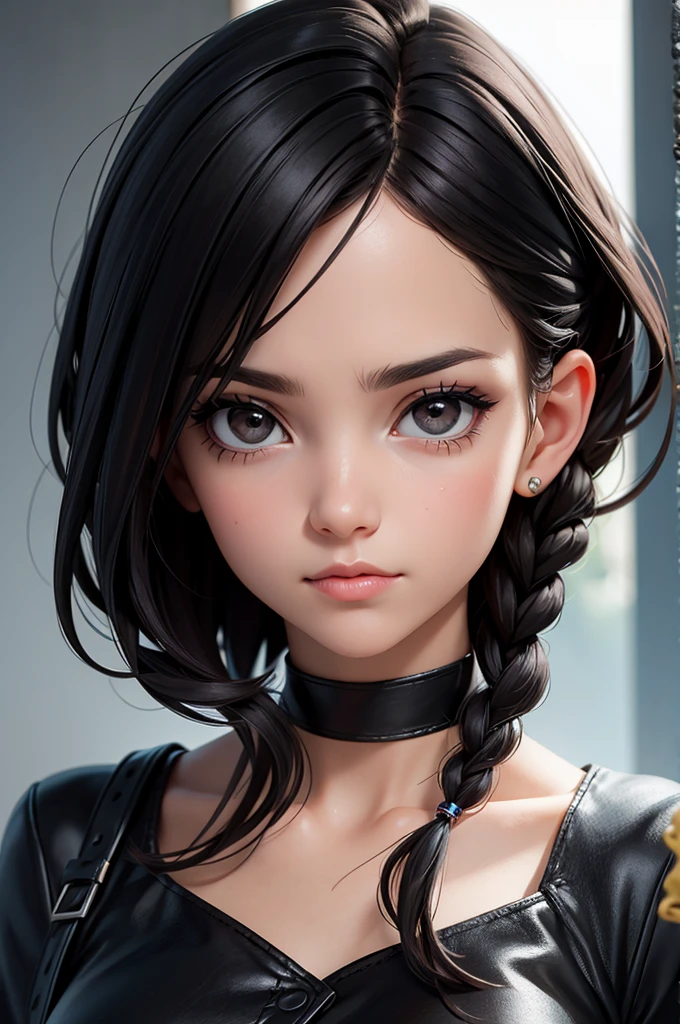 Facial Focus, portraite, bright black eyes, Woman's style, A girl, asymmetrical bangss, bangss, Bblack hair, braid, Good, camera look, ssmile, natta, citys, Bob Hair, Abdomen, Red lips, chemise, standing alone, standing, braid, trunk, Underwear, pink Underwear, Perfect body line, comely kubire, comely, naughty face
