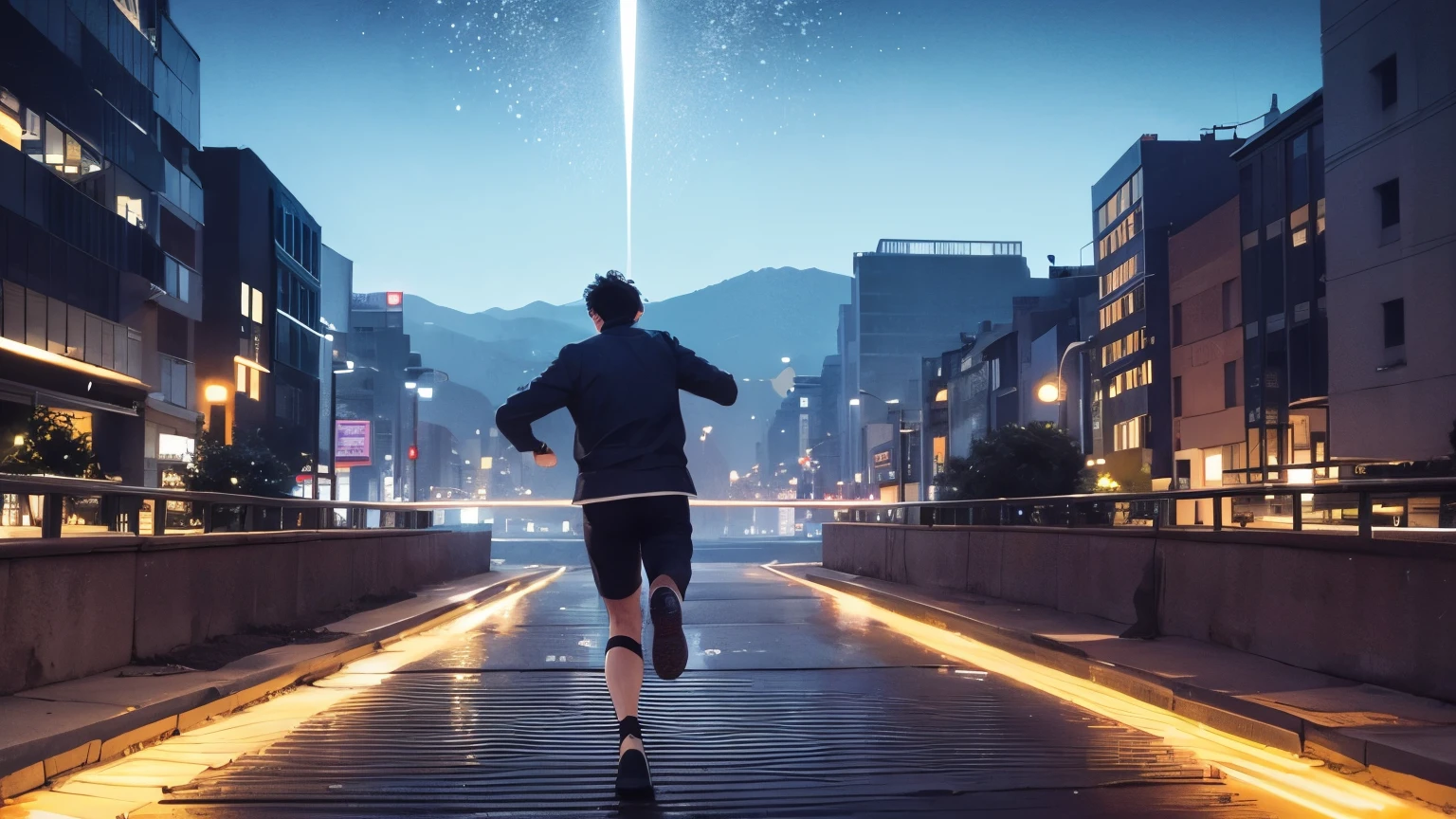 Man running away from the city at night