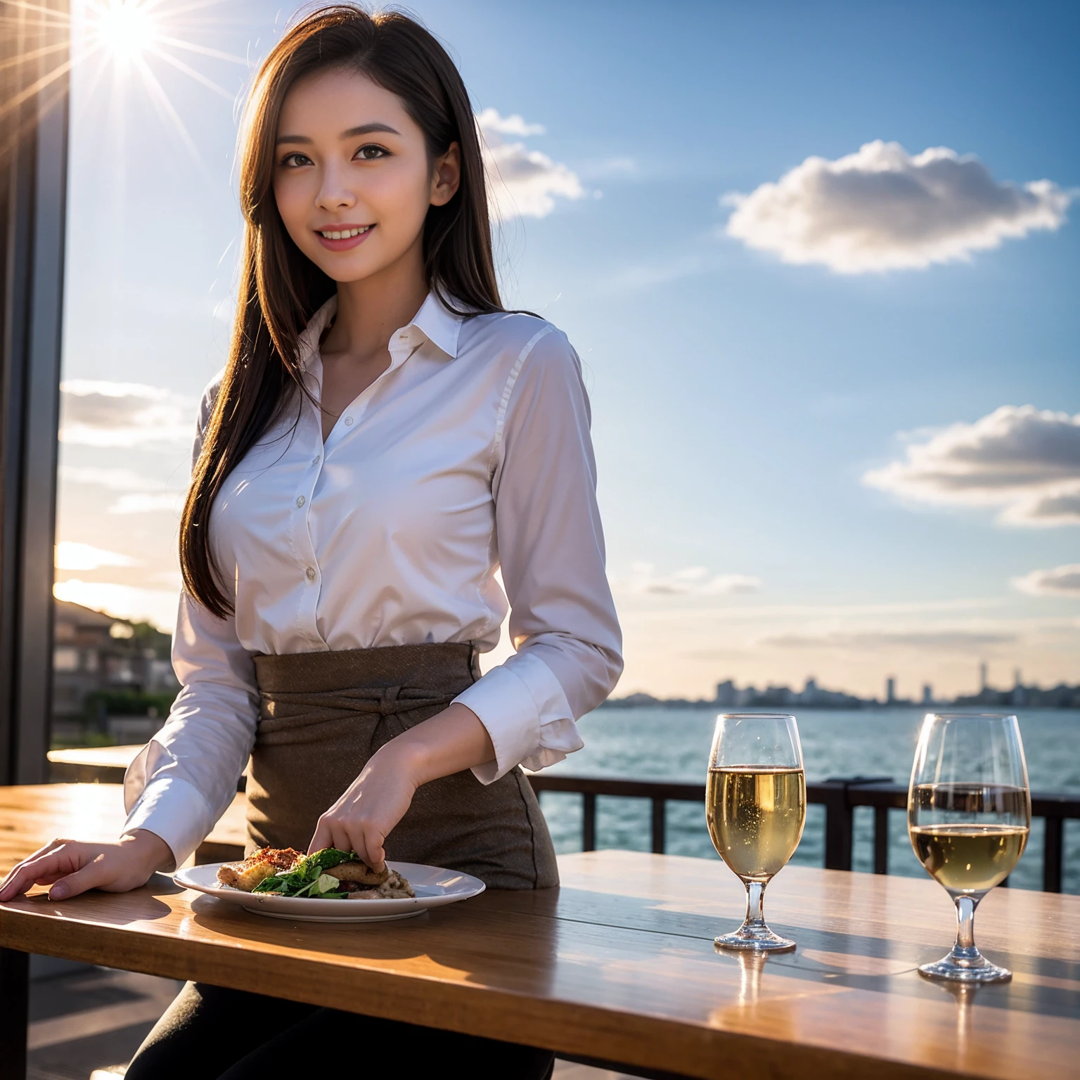 ((Highest quality、8K、masterpiece:1.3))、Yuuko Araki、slimカップル、Pink rubber、modelカップル、(Realistic, Intricate details:1.2), full-course dinner、Wine Party、Amazing view of the sunset sky and clouds、A bright smile、The wonderfulness of smile、Bright image、The beauty of wine, Beautiful Face, blue eyes, The light shines on your face, Blushing, short hair,Bright Face、 (Age 37), 39 years old, red wine 、Appetizers、Italian food、Wine bottle、Champagne、sparkling wine、Two beauties、Brown Hair、Shortcuts、Long sleeve shirt、dress、Beautiful woman 1, (slimな顔), (The body is slim), (Brown Hair), (Shortcuts), cheeks turn a little red,Attractive beauty、restaurant, In a prominent place (From the waist up) Nova Frog Style, actress, model, Upper Body, White wine, slim, wine glass, 中央に置かれたwine glass, smile, (smile: 1.15), Beautiful fine grain, Depth f/2,saturation, High Contrast, Strong light and shadow,Moist Body:1.5、3D texture、Delicate eyes、Brown Hair、The hair is very shiny、
