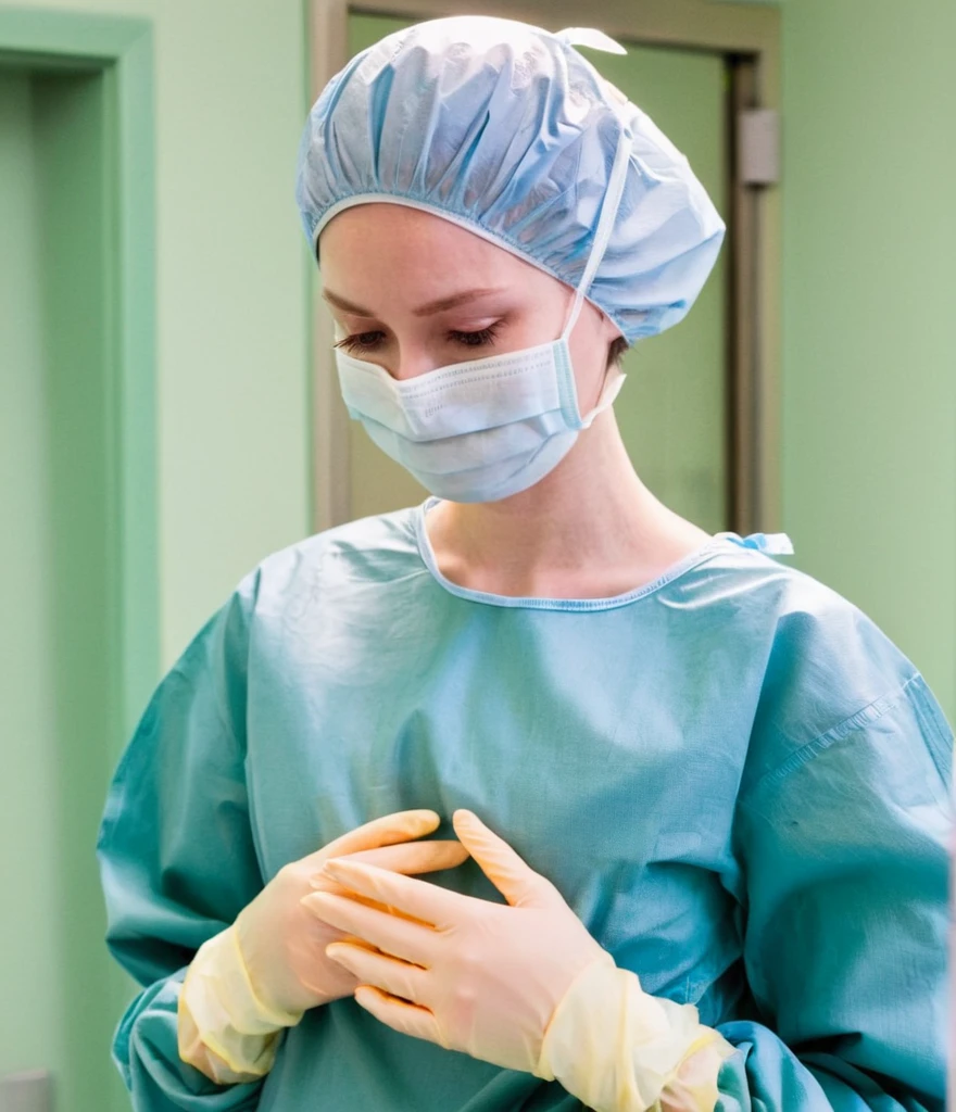 score_9,  score_8_up, score_7_up, pale skin, his face showed signs of embarrassment,  scrubs, surgical mask, surgical cap, long sleeve surgical gown, 
1girl, big breasts, solo, rubber gloves, looking down, furrowed brow, hospital bed, standing