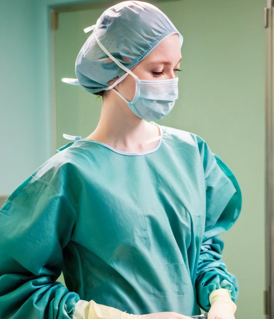 score_9,  score_8_up, score_7_up, pale skin, his face showed signs of embarrassment,  scrubs, surgical mask, surgical cap, long sleeve surgical gown, 
1girl, big breasts, solo, rubber gloves, looking down, furrowed brow, hospital bed, standing