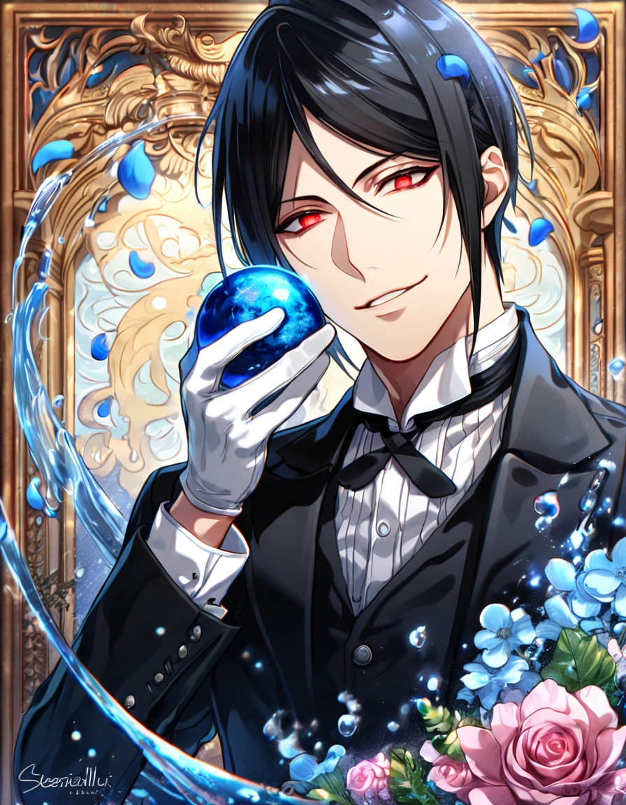 absurdres, highres, ultra detailed, HDR, master piece, Sebastian Michaelis, black hair, expressive red eyes, white gloves, black shirt, Kuroshitsuji, man, handsome, best quality, blue moon, flowers, fantasy, magical, solo, water, blue shining fireflies, blue petals, black Butler clothes, handsome smile,
