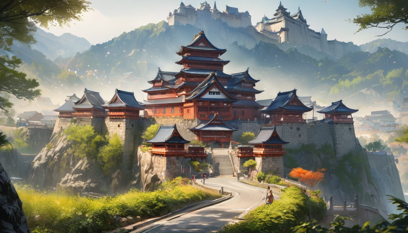 Japanese Castle,castle town,nature,Summer sky,Blur the background,Highest quality, 8K, High resolution, masterpiece:1.2, Very detailed, Realistic:1.37, High resolution, 超High resolution, Ultra-fine painting, Very detailed, Professional, Vibrant colors