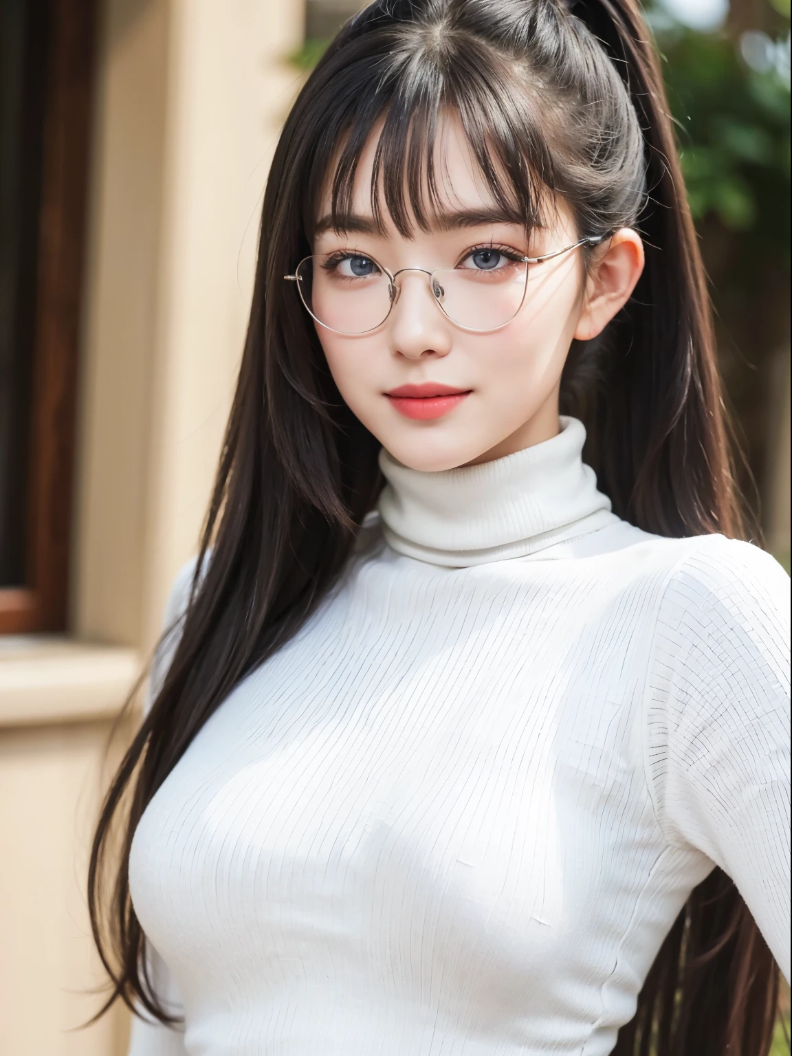 (Best quality, masterpiece, detailed), (RAW, 4k, hd images), 1 girl, 17 years old, white skin, long hair, ponytail, layers hair, bangs, black hair, beautiful girl, cute girl, sweet girl, pretty girl, perfect girl, perfect body, pretty eyes, blue eyes, thin lips, (eye line, lip soft), perfect breast, glasses(detailed frame), outdoors, smile, turtleneck, selfie, upper body, 