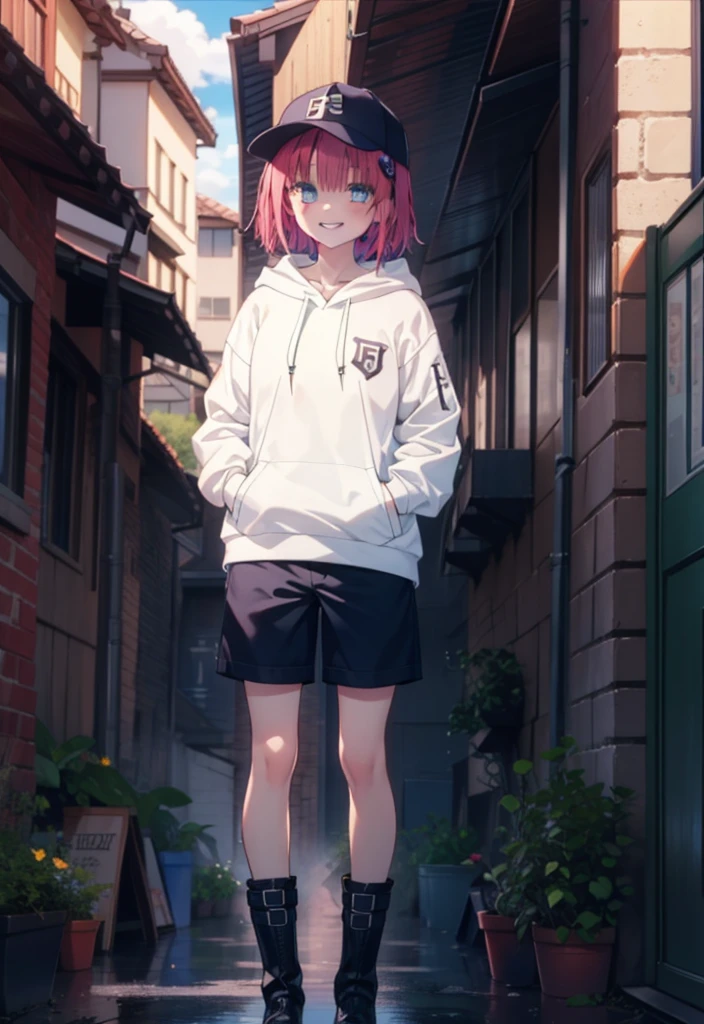 (masterpiece, Highest quality:1.2),shape,8K,High resolution,mea kurosaki,Mea Kurosaki,Redhead,Long Hair,Purple eyes,1 Girl,Baseball hats,Oversized black hoodie,Black shorts,short boots,Grin,smile,Both hands are in the pockets of the hoodie,graffiti,Hiding in a roofed building,Standing leaning against a wall,rain,night,cloudy,whole bodyがイラストに入るように,
break looking at viewer,whole body,
break outdoors, Alley,
break (masterpiece:1.2), Highest quality, High resolution, ユニティ 8K 壁紙, (shape:0.8), (Beautiful and beautiful eyes:1.6), Highly detailed face, Perfect lighting, Highly detailed CG, (Perfect hands, Perfect Anatomy),