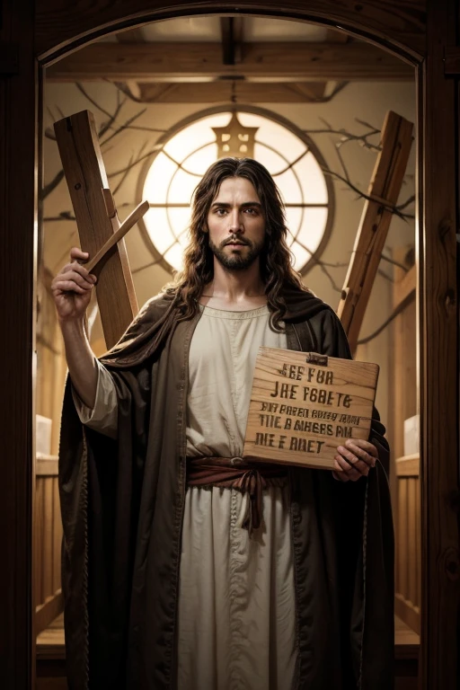 Jesus Christ with a wooden sign in his hand, and with the world of a forest 