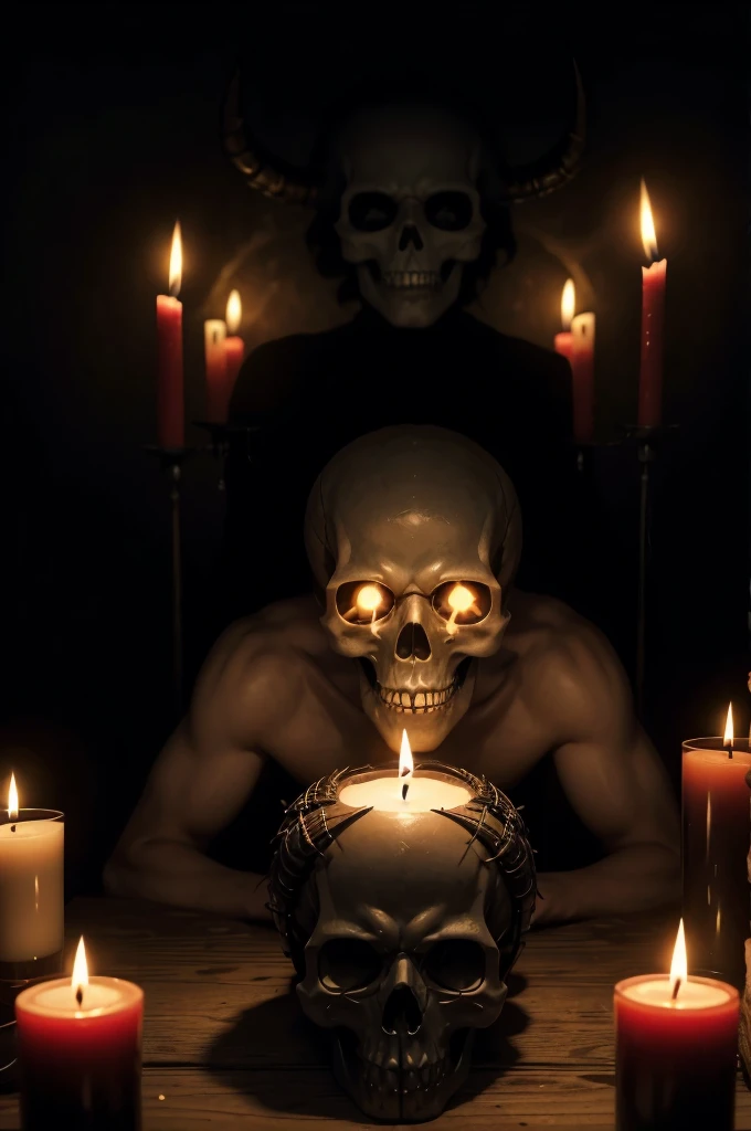 Create an old school style illustration featuring a skull surrounded by demons, candles, and flames. The scene should be set against a black background, emphasizing a sinister atmosphere with detailed linework and shading to evoke a sense of darkness and occult mystique. Do it more old school style