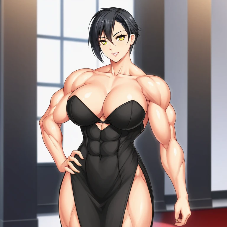 A woman with black hair down to her shoulders, yellow eyes, small muscles and wearing formal clothes