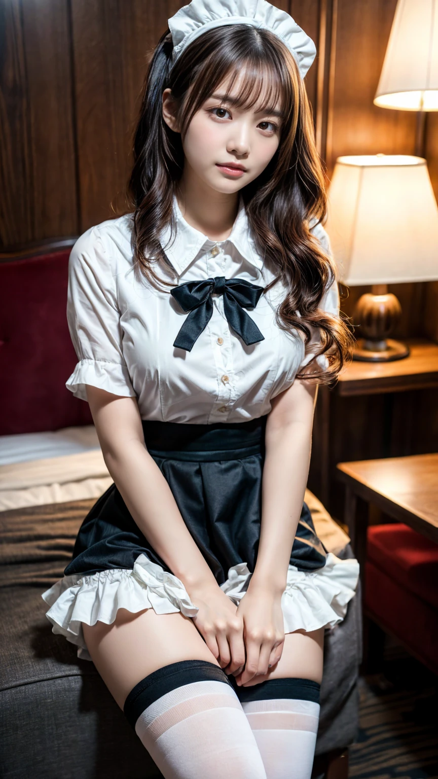 (8K, RAW Photos, Highest quality, masterpiece:1.2), (professional photography, full colors, studio-caliber color grading), (Gravure quality for high-end fashion magazines), close up, BREAK,18 year old girl, short hair, (wavy hair:1.2), ponytail, crying a little, Harajuku style, Big Natural Color Lip, (Plumpy body:1.2), (smooth skin:1.1), (huge breasts:1.2 BREAK (bow ribbon, Maid, knee high socks:1.3 Aside Cutter Shirt, frill skirt, BREAK (hotel room:1.2)