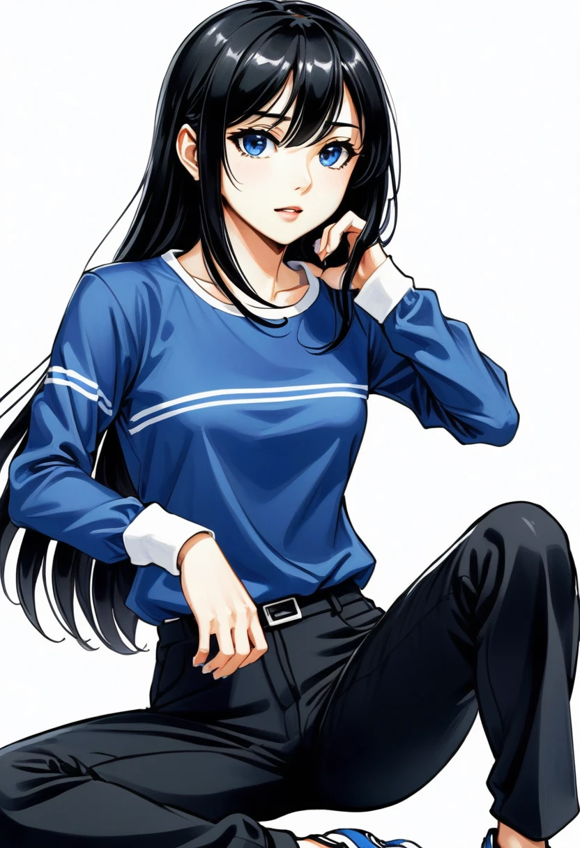 tall girl, slim, white, shoulder-length straight black hair, long bangs covering left eye, Blue right eye, various positions, sitting, sprinting, anime styling, thin face, black pants, striped long-sleeved blouse. White background