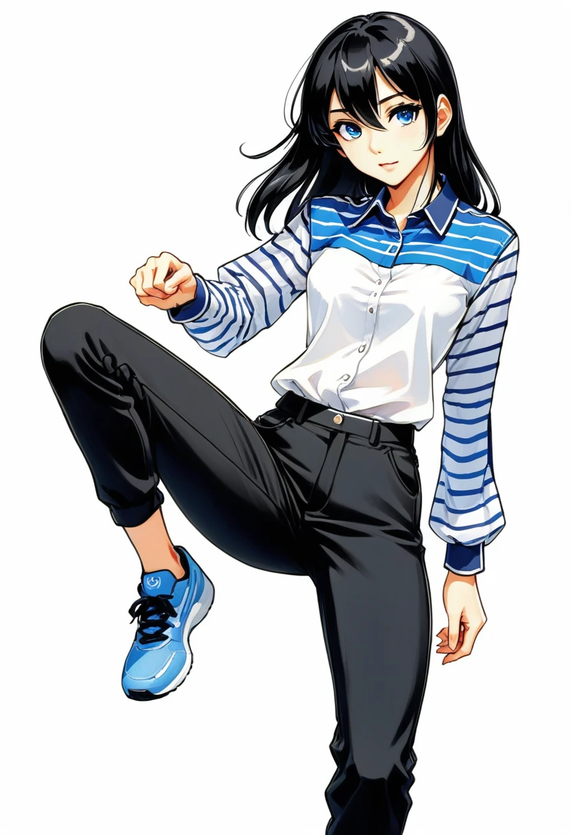 tall girl, slim, white, shoulder-length straight black hair, long bangs covering left eye, Blue right eye, various positions, sitting, sprinting, anime styling, thin face, black pants, striped long-sleeved blouse. White background