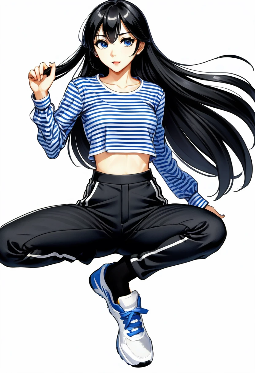 tall girl, slim, white, shoulder-length straight black hair, long bangs covering left eye, Blue right eye, various positions, sitting, sprinting, anime styling, thin face, black pants, striped long-sleeved blouse. White background