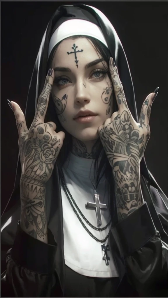Create a similar photo of a beautiful nun with tattoos on face and hands. Best hyper realistic