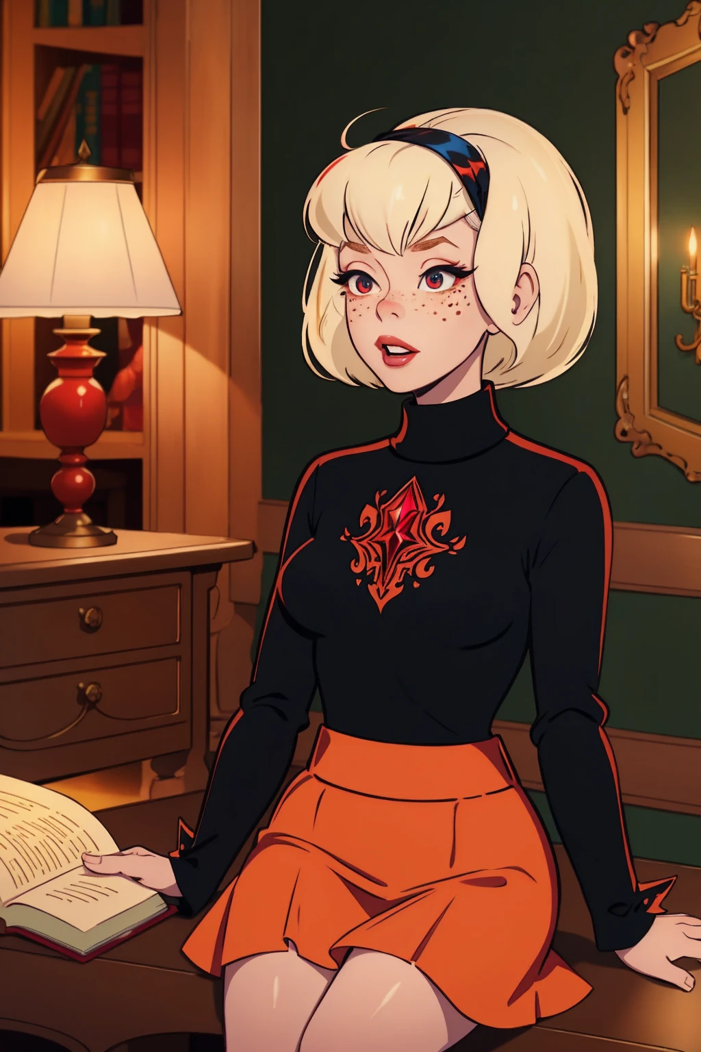 { masterpiece : best quality : high resolution : unity 8k wallpaper : illustration : beautiful detailed eyes : extremely detailed face : perfect lighting : extremely detailed CG }  { in a dark creepy library  } { Sabrina Spellman : : platinum blonde hair with red hairband : perfectly small shape breast : freckles : perfectly fit body :red turtleneck shirt : red skirt : studying : sitting at a study table }