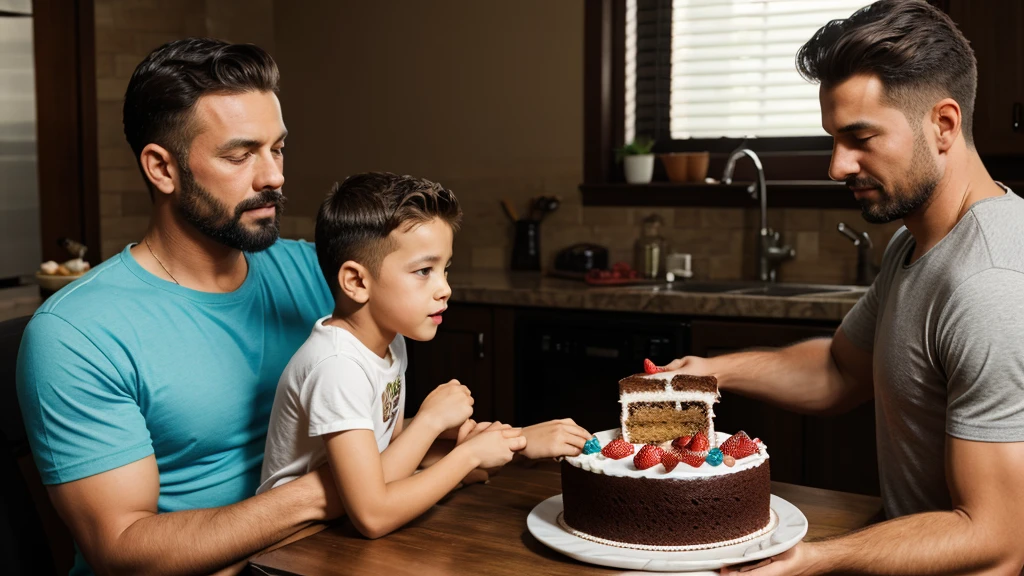 The poor father's son comes to his father with a cake