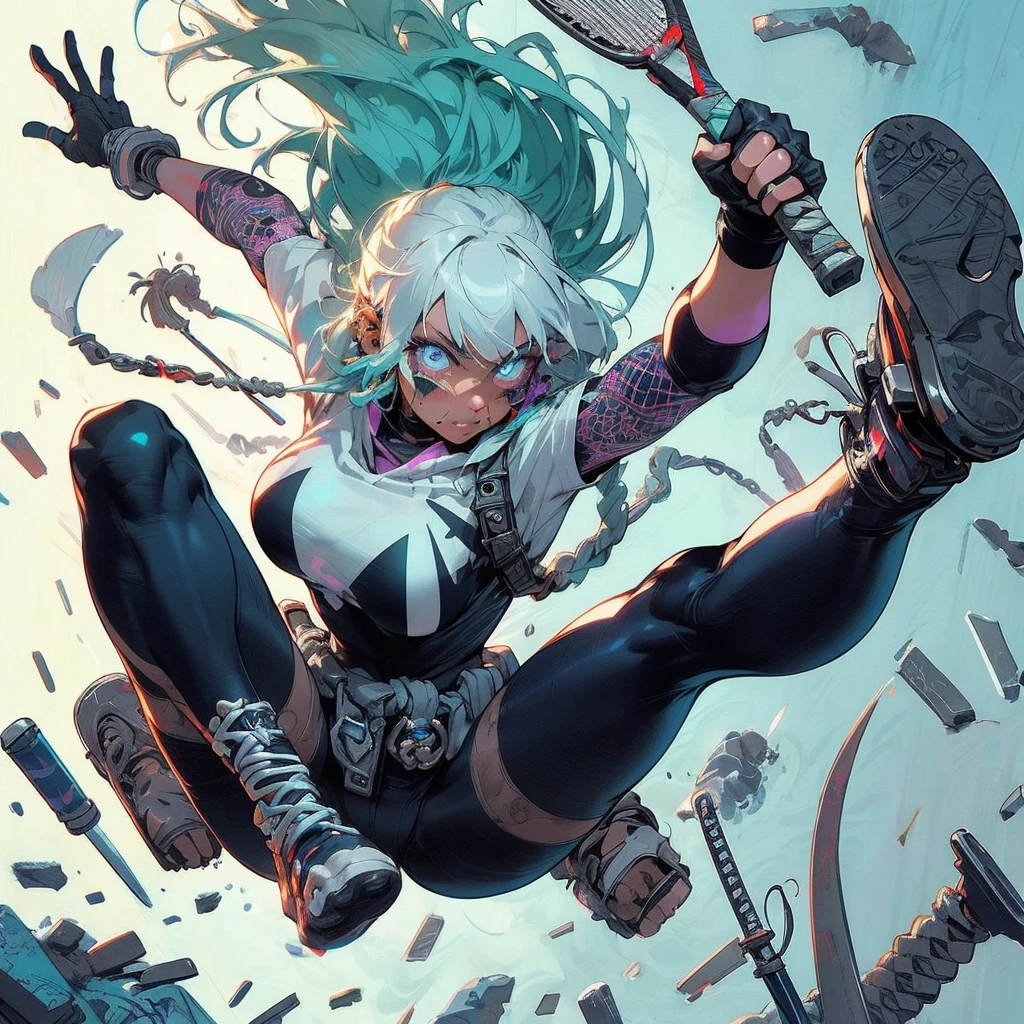 Ultra HD, anime realistic. Badass South Asian teen girl with short, windblown black hair and piercing electric blue eyes. Smirking confidently, she leans against a graffiti-covered wall in a neon-lit cyberpunk alleyway. Clad in a black tactical outfit with exposed arm guards, she grips a glowing katana at her side.
