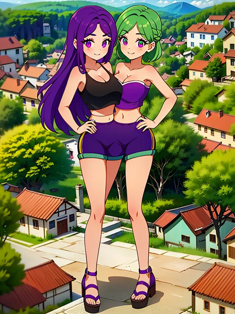 best quality, (masterpiece),(ultra-detailed), (high quality), (high resolution), ((2heads:1.5)), best quality:1.5, highres, UHD, 16K), ((two headed woman)), smiling, highres, masterpiece, ((green hair)), ((purple hair)), ((different hair colors:1.5)), cleavage, ((crop top:1.5)), lustrous and smooth skin, (seductive silhouette), sexy proportions, Beautiful girl with accentuated slender abs, ((full body)), ((village background:1.5)), ((exposed midriff)), body con dress, strapless, sleeveless, magenta eyes, ((long hair)), ((sandals)), ((hot pants))