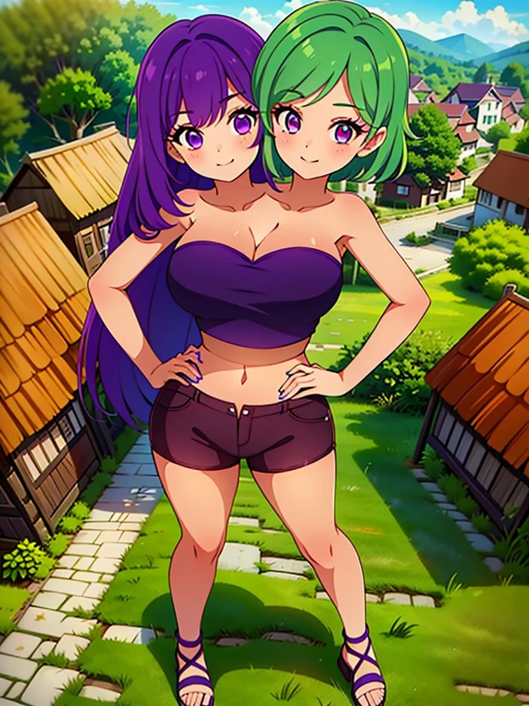 best quality, (masterpiece),(ultra-detailed), (high quality), (high resolution), ((2heads:1.5)), best quality:1.5, highres, UHD, 16K), ((two headed woman)), smiling, highres, masterpiece, ((green hair)), ((purple hair)), ((different hair colors:1.5)), cleavage, ((crop top:1.5)), lustrous and smooth skin, (seductive silhouette), sexy proportions, Beautiful girl with accentuated slender abs, ((full body)), ((village background:1.5)), ((exposed midriff)), body con dress, strapless, sleeveless, magenta eyes, ((long hair)), ((sandals)), ((hot pants))