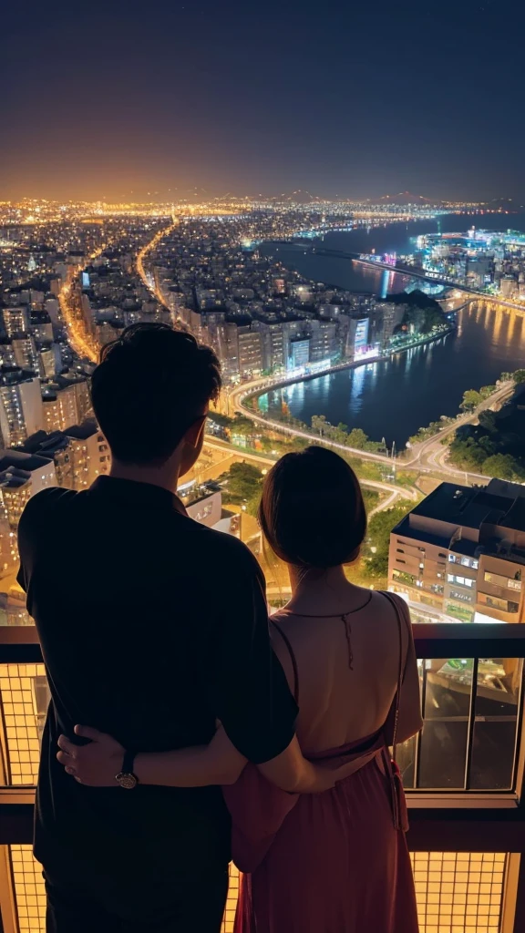 Back view of a man and woman looking at the night view of Nagasaki An illustration