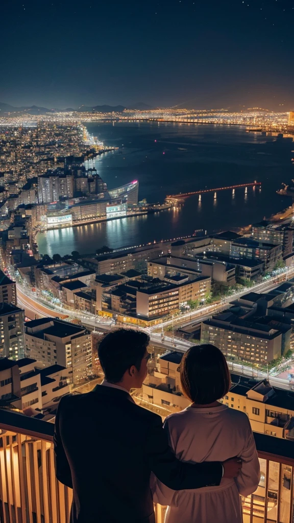 Back view of a man and woman looking at the night view of Nagasaki　An illustration　