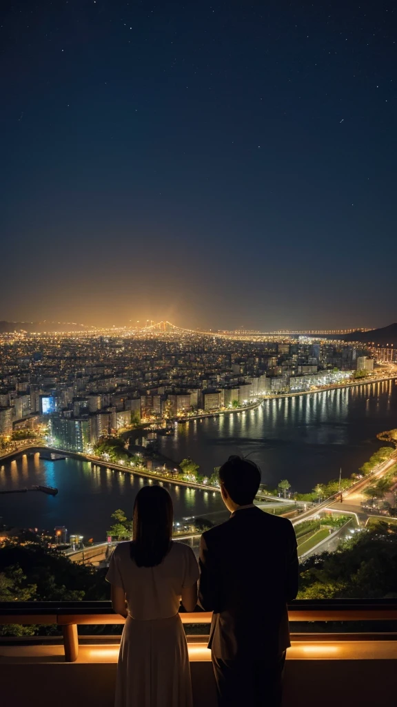 Back view of a man and woman looking at the night view of Nagasaki An illustration