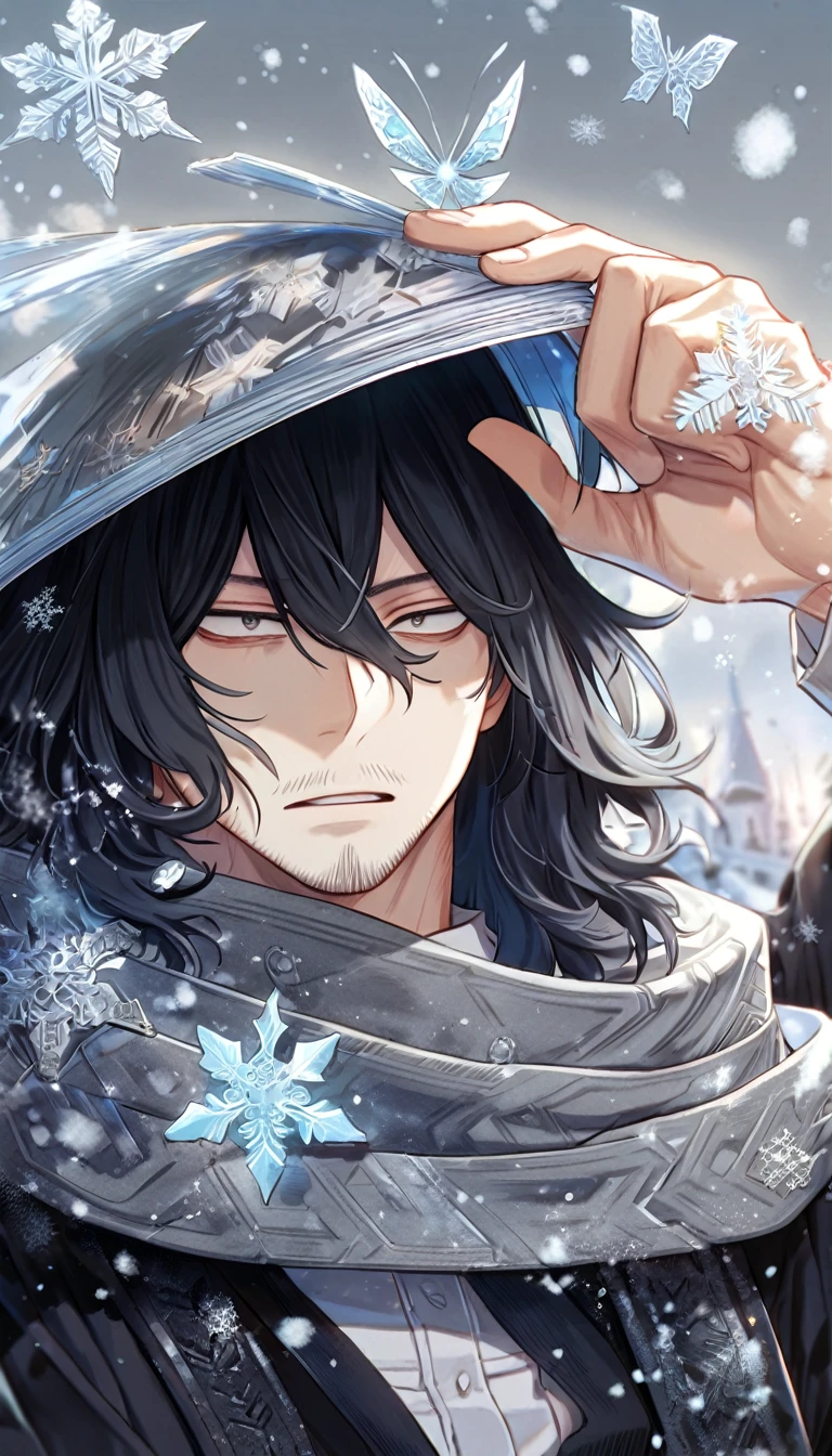 absurdres, highres, ultra detailed, HDR, master piece, best quality, Eraser Head, black hair, expressive gray eyes, medium hair, faint beard, Boku No Hero Academia, solo, sexy man, handsome, gray scarf, black clothes, magical, fantasy, snowflakes, ice butterflies, ice, snowing