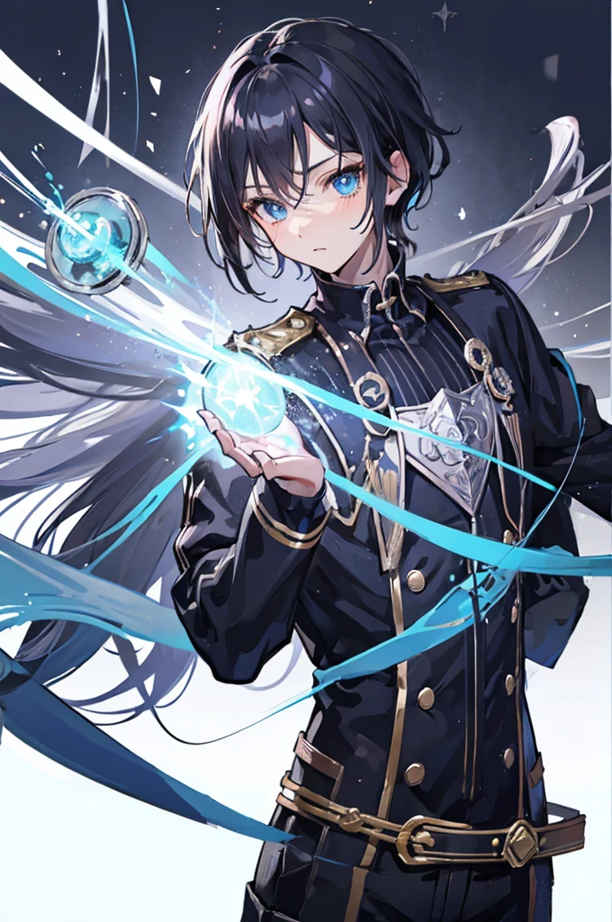 1 teen boy, blue eyes, black hair, silver uniform, magic powers