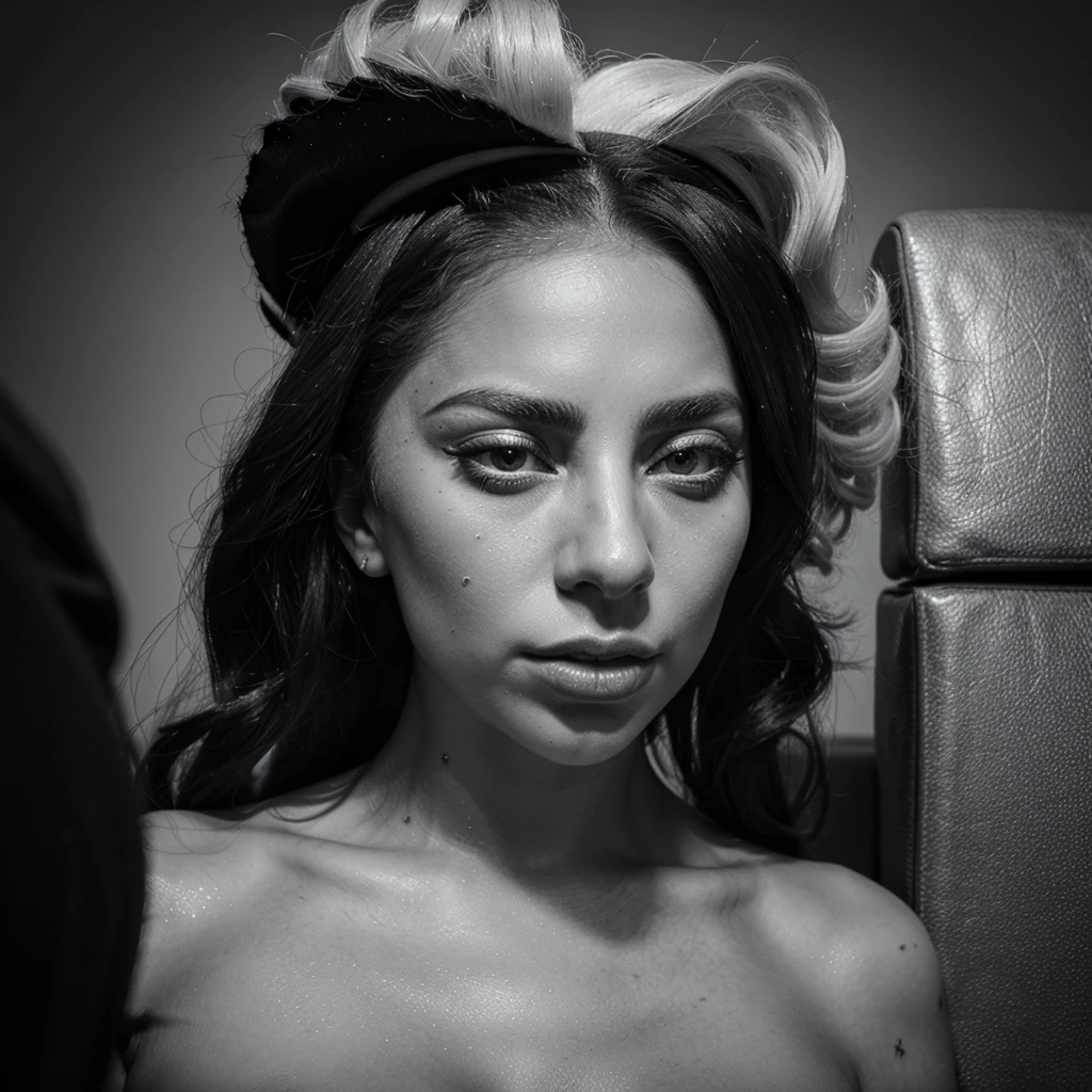 Lady Gaga, portrait photo, black and white, dark photo, face,micro bikini,