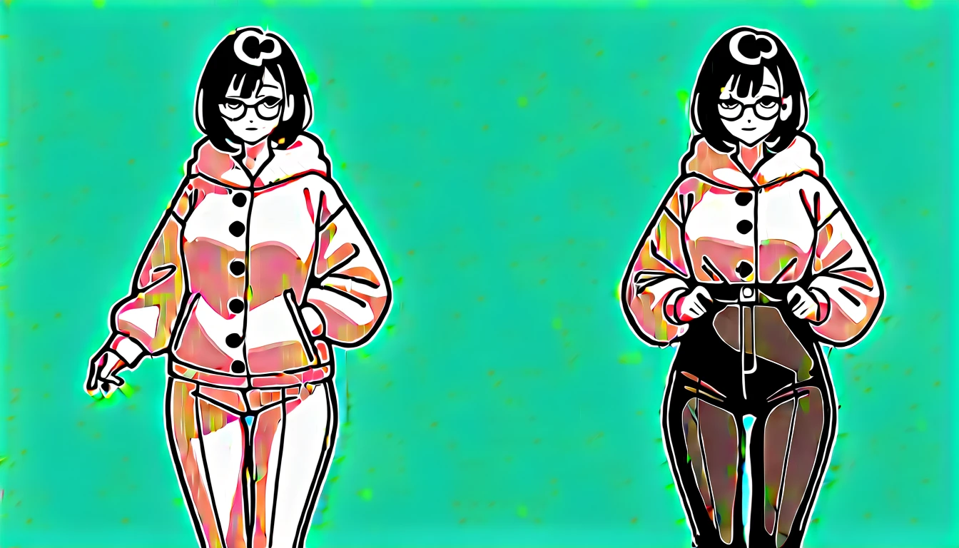 1 female. Bangs hairstyle, face. Mid-winter clothing, white costume, Breasts, Thick-rimmed glasses. (detailed black rim glasses). 22-years-old beautiful female. thick pants, Stand up. Put the hand on the bicycle handle. green background.