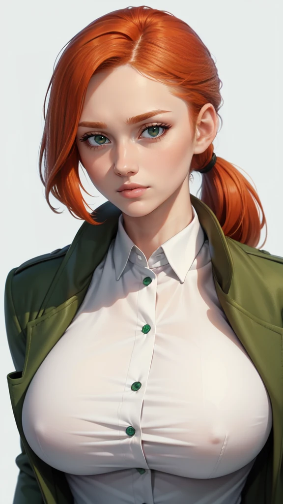 (masterpiece), best quality, expressive eyes, perfect face, ginger hair, (parted bangs) , forehead, (low ponytail), ((blank background)), symmetry, medium body, mature face, (30 years old), (massive breast), green coat, (full head framing), 1girl, solo, white shirt, defined jawline, female muscular:1