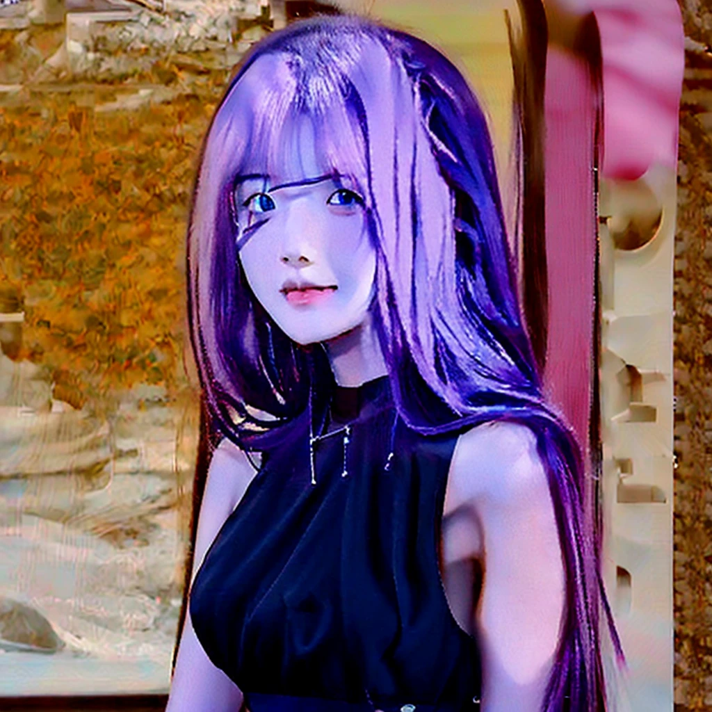 1girl with long hair and black dress standing in front of a door, anime girl wearing a black crop top, (Light purple hair), (Long hair), fair skin, blue eyes