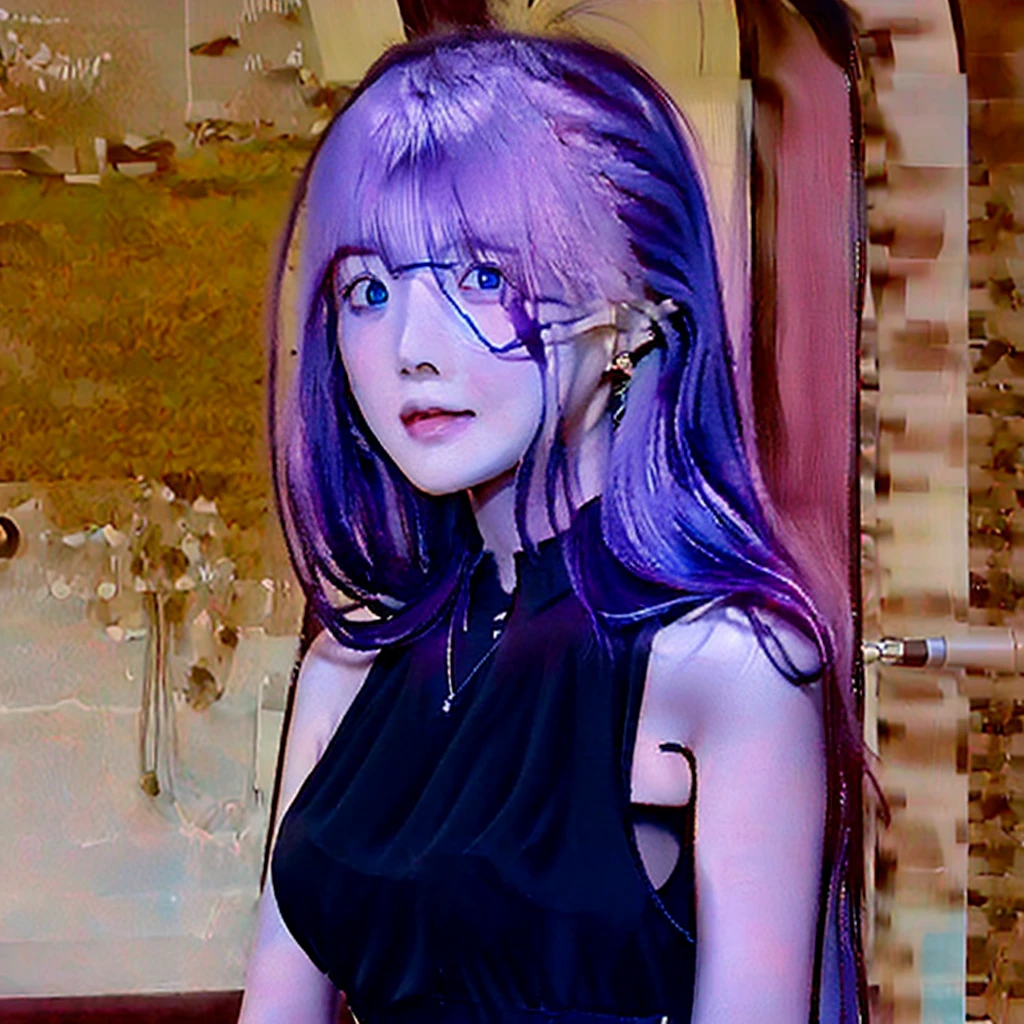 1girl with long hair and black dress standing in front of a door, anime girl wearing a black crop top, (Light purple hair), (Long hair), fair skin, blue eyes