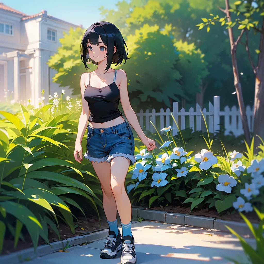 (high quality, High resolution, Very detailed, reality:1.37), Peaceful atmosphere, (Outdoor, garden), age girl standing alone, (my breasts are big.), Beautiful details, Cute Smile, (Black bob hair), camisole, Denim shorts, Blue socks, sneakers.