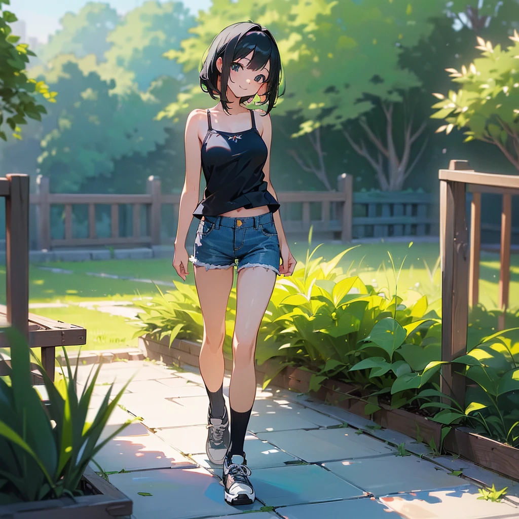 (high quality, High resolution, Very detailed, reality:1.37), Peaceful atmosphere, (Outdoor, garden),  girl standing alone, (my breasts are big.), Beautiful details, Cute Smile, (Black bob hair), camisole, Denim shorts, Blue socks, sneakers.