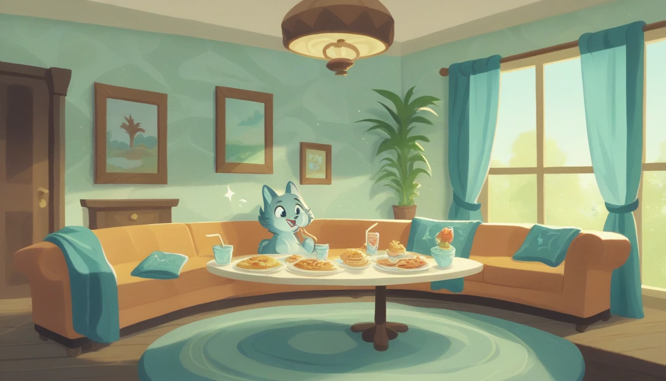 there is a couch and a table in a room with a large window, cozy atmosphere, pleasant cozy atmosphere, cosy atmosphere, cosy atmoshpere, luxurious environment, lounge background, cozy cafe background, cozy setting, cozy environment, cozy and peaceful atmosphere, by Dietmar Damerau, rich cinematic atmosphere, comfy ambience, by Frederik Vermehren A spacious room with a large window, featuring a cozy couch and a table. The atmosphere is warm, inviting, and luxurious, designed to evoke a rich cinematic ambiance. The setting combines the sophisticated touch of Dietmar Damerau with the comfy and detailed style of Frederik Vermehren. The background is a cozy lounge or cafe, filled with people who are sitting, standing, talking, laughing, drinking, and eating finger food. The overall environment is peaceful and convivial, perfect for socializing and enjoying good company.